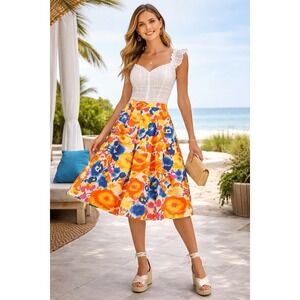 Liz Claiborne 100% Linen Floral A Line Midi Skirt Pleated Preppy Coastal NWT 12